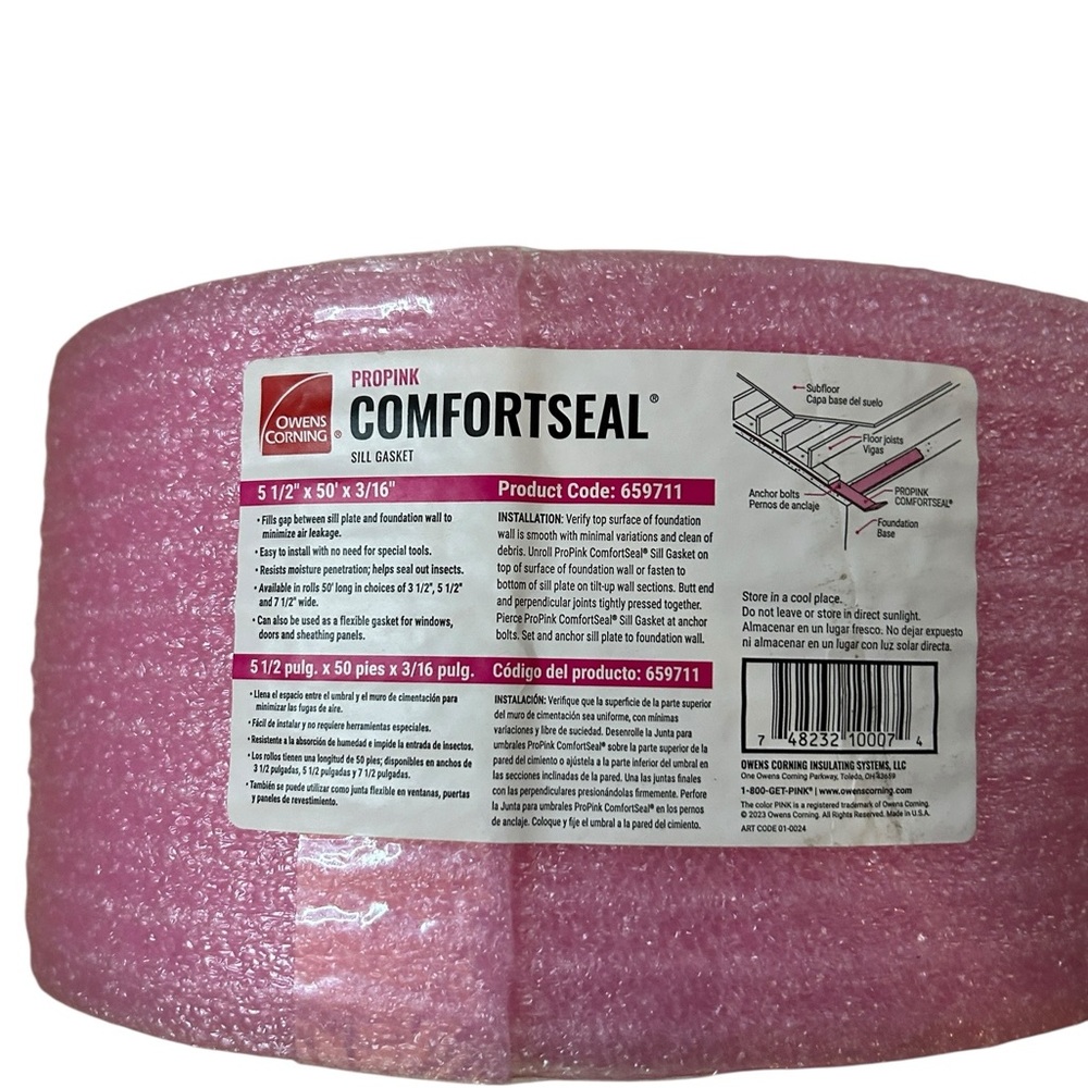 Owens Corning Pink ComfortSeal Sill Gasket 5-1/2"x50'x3/16” Insulation Seal Roll